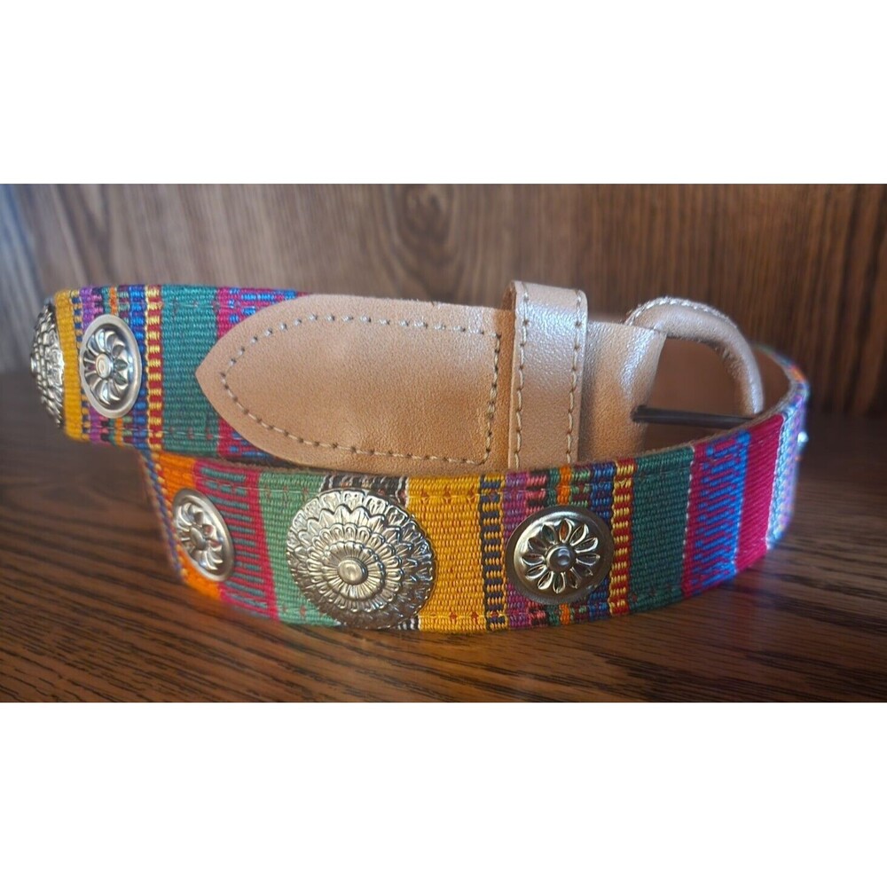 Womens LG Colorful Genuine Leather Boho Southwestern Silver Studded Rainbow Belt